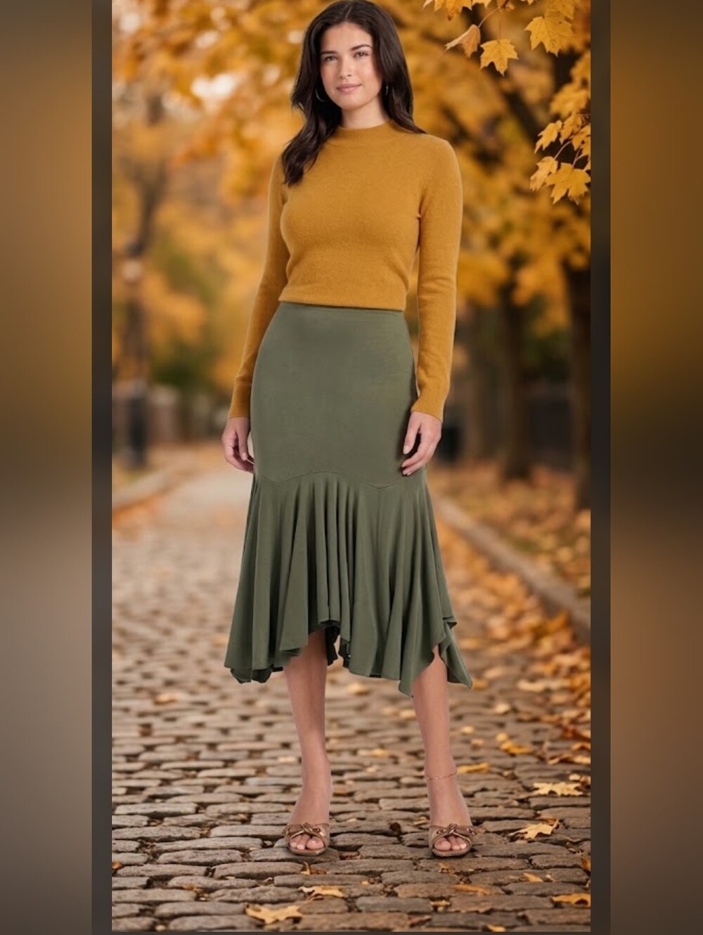 GUESS Kenzie Ruffle Midi Skirt XL Olive Green EcoVero NWT $118